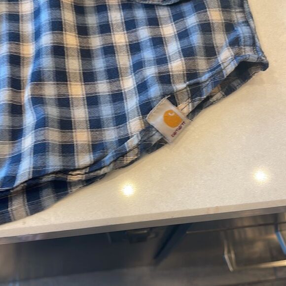 Carhartt men’s plaid shirt size large, blue cream color, big button pockets. - Picture 2 of 8